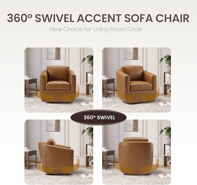 COLAMY 360° Swivel Accent Chair Set of 2 with Pillow, Leather Living Room Armchair No-Sag Foam & Sturdy Metal Base, Fully Assembled Swivel Single Sofa for Bedroom Living Room, Reading Room, Brown