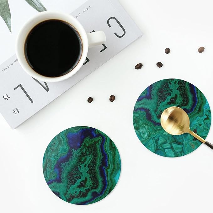 Agate Marble Green Coasters Set of 6 Coasters for Drinks Absorbent Double-Sided Leather PVC Coaster for Tabletop Protection Coffee Table Decor Ideal for Home Decor House Warming Gifts