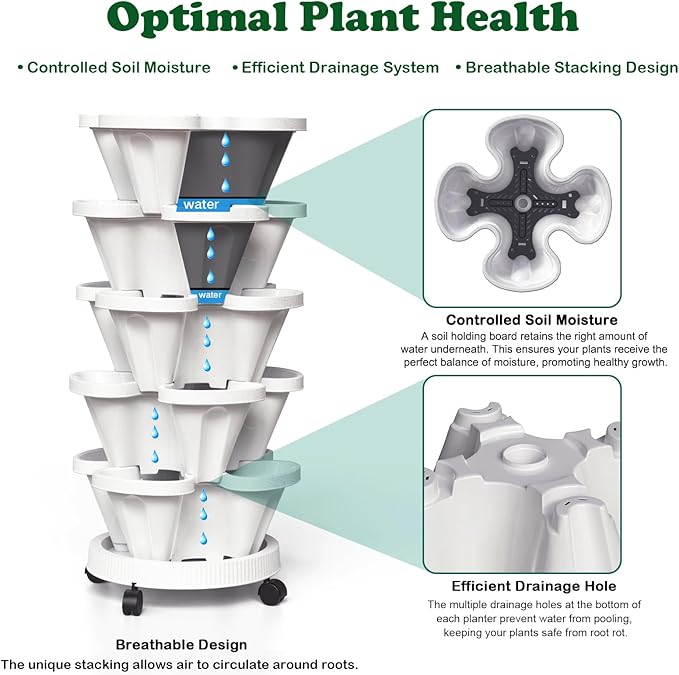 Strawberry Planters, 7 Tiered Vertical Stackable Planter, Herb Stacking Tower Garden, Flower and Vegetable Planters with Support Pole Indoor and Outdoor with Removable Wheels - White