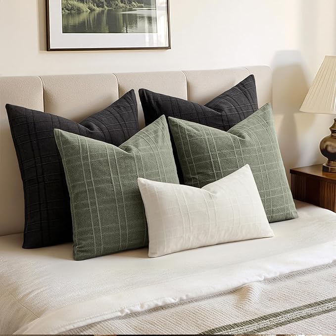 MIULEE Decorative Linen Check Lumar Throw Pillow Covers Neutral Farmhouse Vintage Pillow Covers 12x20 Set of 2 Boho Modern Home Decor for Sofa Couch Bedroom Cushion Olive Green