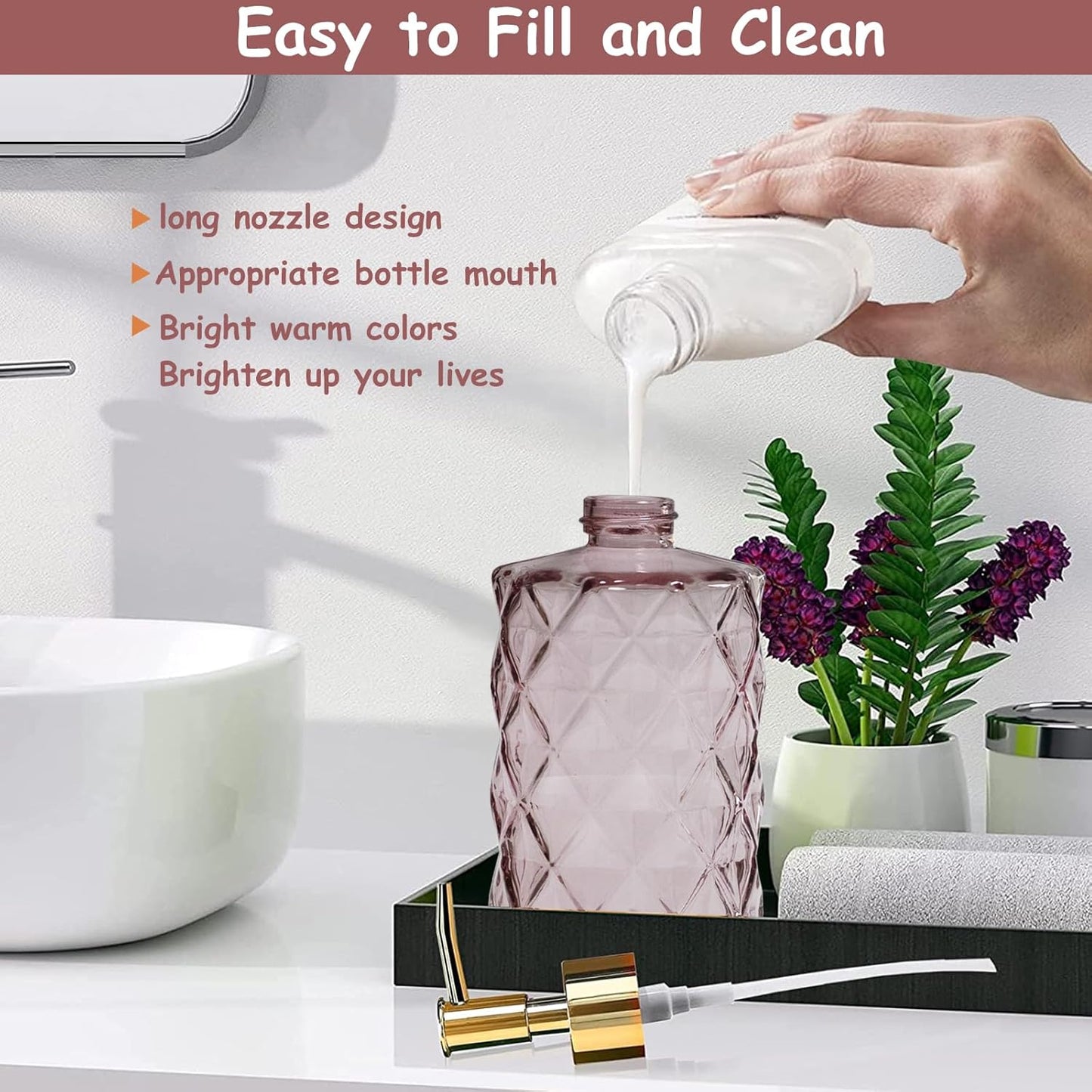 Glass Soap Dispenser with Gold Plastic Pump, 12oz Refillable Liquid Hand Soap Dispenser, 2 Pack Crystal Lotion Bottle for Modern Home Decor, Bathroom, Kitchen Countertop, Hotel