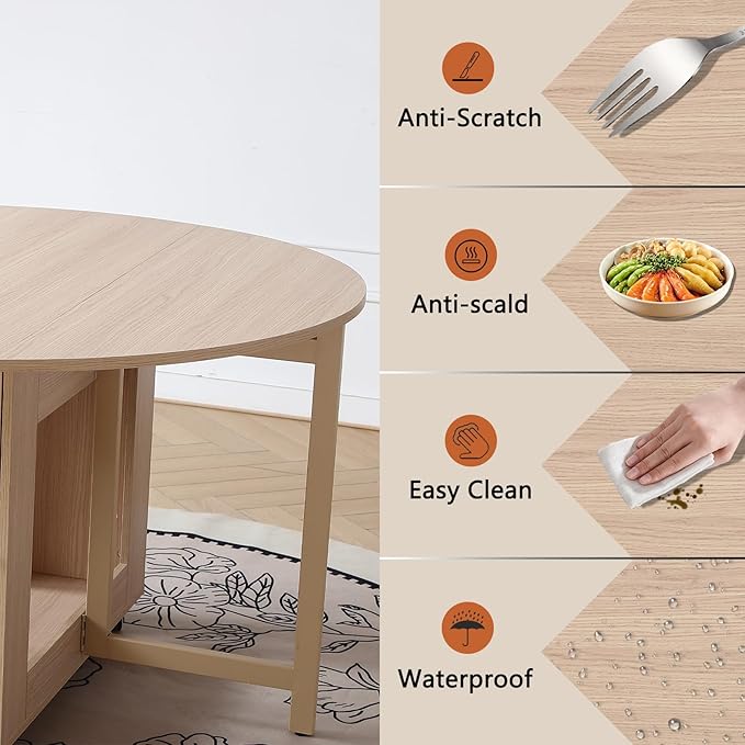 47.3" Round Folding Dining Table for 4-8, Wood Kitchen Foldable Dining Table Large Drop Leaf Dinner Table with Storage Shelf Metal Legs for Home Dining Room Living Room in Wood Color