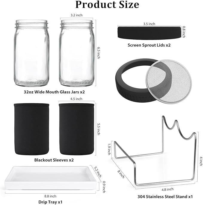 Organic Seed Sprouting Jar Kit – 2 × 32 oz Wide-Mouth Mason Jars with Stainless-Steel Sprouter Lids & Stand, Blackout Sleeves, Drain Tray – Grow Broccoli, Alfalfa & Bean Microgreens