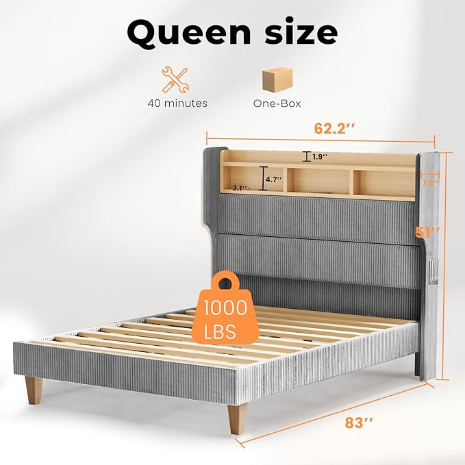 Queen Size Bed Frame with 51" Tall Corduroy Wingback Headboard and Storage Shelf, Upholstered Platform Bed with LED Lights & Charging Station, No Box Spring Needed, Easy Assembly, Grey
