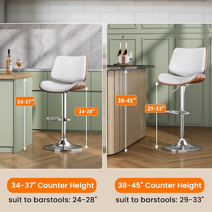 Swivel Bar Stools Set of 4, Adjustable Bentwood Barstools for Kitchen Counter, Modern PU Leather Upholstered Bar Chair with Back and Footrest, for Kitchen Island, Bar, Dining Room, White