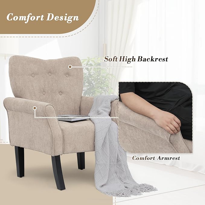 Athena Collection Mid Century Modern Chair for Living Room, Upholstered Wingback Reading Chair for Adults, Comfy Linen Fabric Armchair with Wooden Legs for Bedroom, Dorm, Balcony, Beige