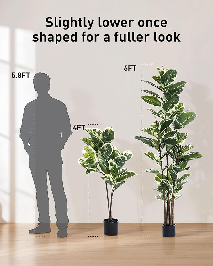 Artificial Rubber Tree Plant 6ft Tall Faux Ficus Tree Potted Fake Tropical Plants Decorative House Plants Large Floor Artificial Trees for Home Office Decor, Without The Pot