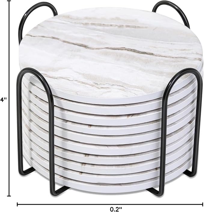 Caffox Coasters Set of 10, Absorbent Drink Coasters with Holder, Marble Style Ceramic Coaster for Wooden Table, Home Decor, 4 Inches(Griege)