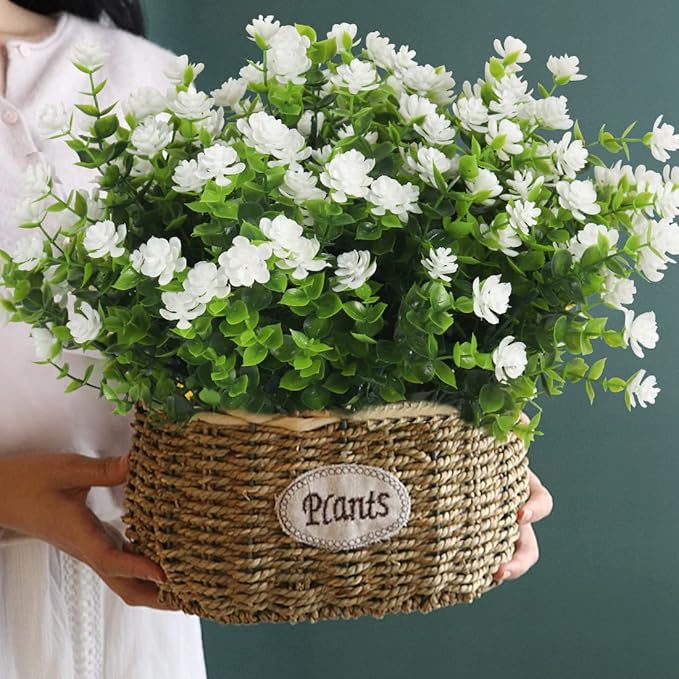 RECUTMS 12 Bundles Artificial Outdoor Plants, Artificial Greenery for Flower Arrangements Shrubs UV Resistant Faux Plastic Plants Spring Decorations for Home Front Porch Decor(White)