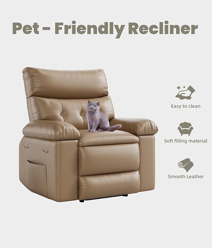 GarveeHome Oversized Recliner Chairs, Classic Manual Leather Recliner, Home Theater Seating with Lumbar & Arms Support for Living Room, Bedroom and Nursery - Tan