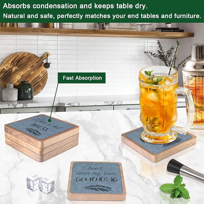 Wooden Coasters for Drinks, EDEGG Absorbent Coaster Sets of 5, Square Drinks Coasters for Coffee Tabletop Protection, Non-Slip, Non-Stick, Suitable for Kinds of Cups, Hot or Cold Drink 4.1 Inches Gray