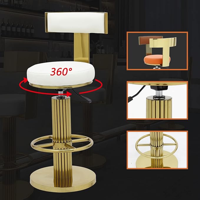 FUNROLUX Counter Height Bar Stools with Back, Modern Adjustable Height Barstools Swivel Bar Chairs with Polished Gold Stainless Steel Legs and Comfortable Cushion for Kitchen Island Counter (White)