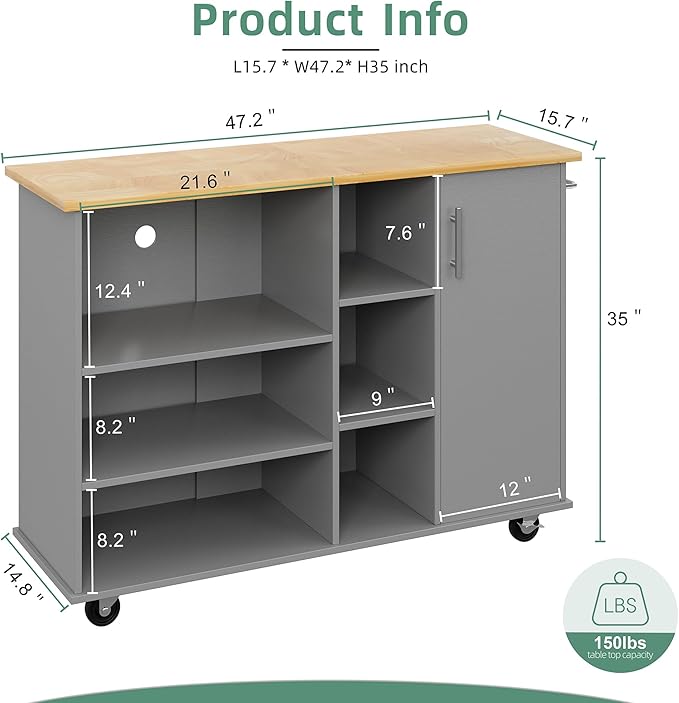 Shintenchi 47”W Kitchen Storage Island Cart with 6 Open Shelves and 1 Cabinet, Portable Trolley Cart with Wood Work Top and Handle/Towel Rack, Gray