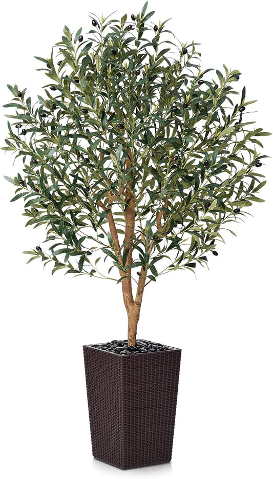 Artificial Olive Tree 5FT, Faux Olive Trees with Real Wood Trunk, UV Resistant Fake Plants in Planter & River Rocks, Indoor Tall Silk Plant for Home Living Room Office Outdoor Decor, VN133