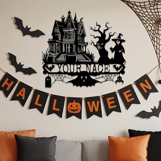 Custom Halloween Metal Wall Art with Family Name, Personalized Haunted House Metal Sign with Witch Bats Pumpkins Skull Ghost Spider, Spooky Decor for Halloween Party, Living Room, Man Cave