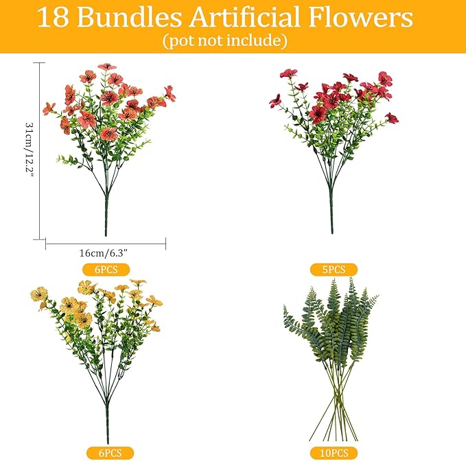 Artificial Fake Fall Mums Flowers Plants Outdoor,18 Bundles Faux Plants Outside No Fade Plastic UV Resistant for Front Door Porch Patio Balcony Garden Yard Decorations