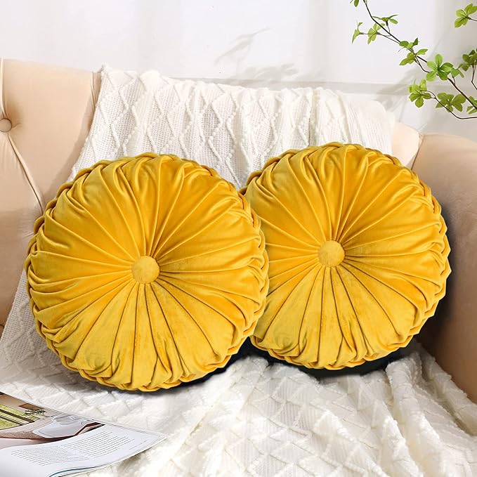 HIG Set of 2 Decorative Round Pleated Throw Pillows, Classy Accent Pumpkin Throw Pillows with Center Button, Vintage Velvet Floor Pillow for Sofa Couch Vanity Chair Bed, Yellow, 14.5" Diameter(RIPPLE)