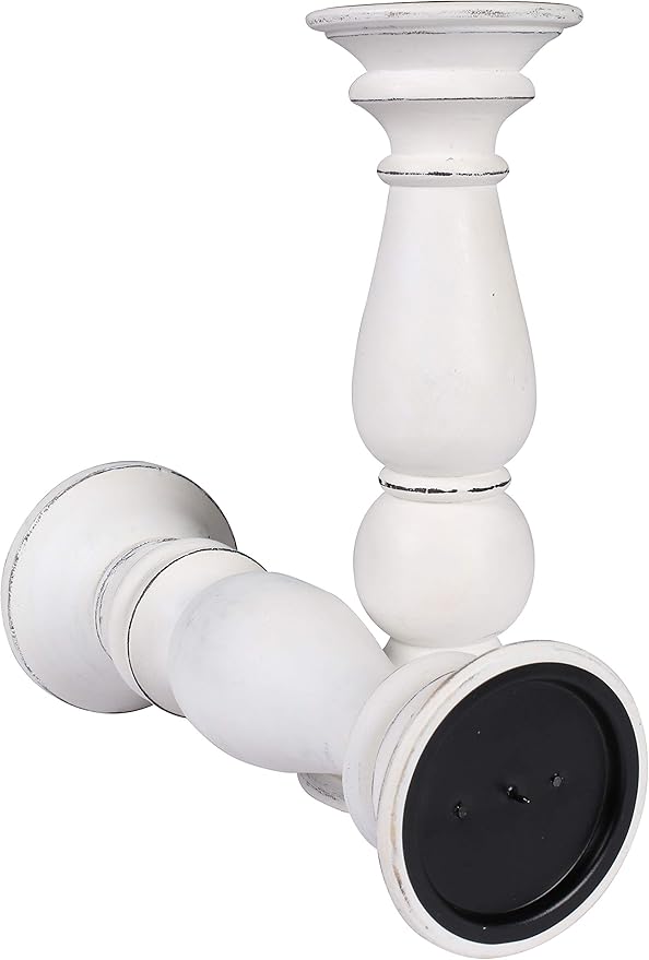 Set of 2 Tall Wooden Candle Holders (12"x4.5") in Rustic Antique White Finish. Perfect for Farmhouse Decor, Mantle, or Table Centerpiece. Holds Pillar Candles. Stylish, Sturdy, and Timeless Charm