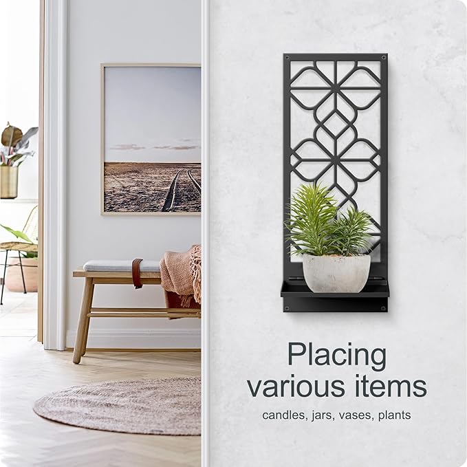 Black Metal Wall Art Decor, Minimalist Retro Line Wall Candle Holder Set of 2, for Living Room, Dining Room, Bedroom, Bathroom (16.5 x 7 in)