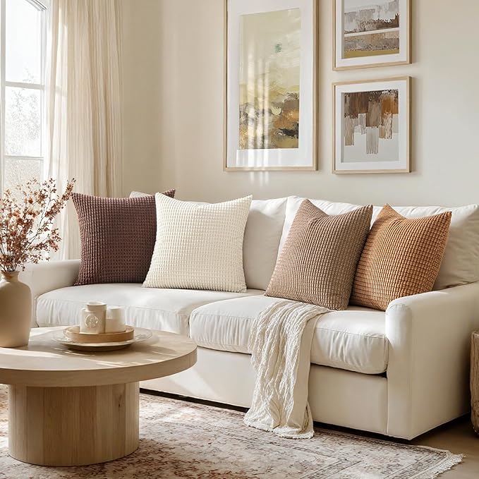 MIULEE Modern Farmhouse Decorative Lumbar Pillow Covers 20x20 Inch Set of 4 Natural Rustic Throw Pillows Neutral Warm Soft Corduroy Couch Pillowcases Home Decor for Sofa Living Room Bed Brown