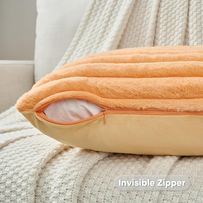 FUTEI Orange Striped Decorative Throw Pillow Covers 22x22 Inch Set of 2,Square Fall Decorations Couch Pillow Case,Soft Cozy Faux Rabbit Fur & Velvet Back,Modern Home Decor for Bed