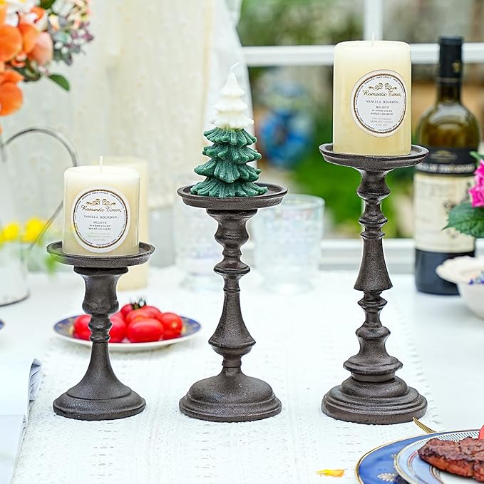 Sungmor Rustic Cast Iron Pillar Candle Holder, 7.8" Tall Vintage Candlestick Holders, Table Centerpiece Metal Candle Holder, Farmhouse Candle Stand for Fireplace Shelf Home Decor