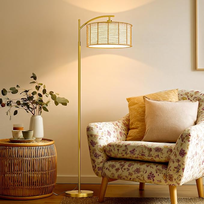 Oneach 62.5'' Arc Floor Lamp for Living Room, Rattan Boho Floor Lamp with Gold Metal Base, Double Shades, Farmhouse Rustic Modern Standing Lamp for Bedroom Office Corner