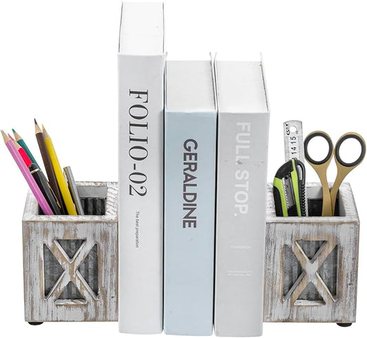 MyGift Decorative Bookends with Pencil Cup, Shabby Weathered White Washed Wood Bookends, Desktop Book Ends with Pen Holder Stationery Storage Bins for Home Office, Classroom, Dorm Room