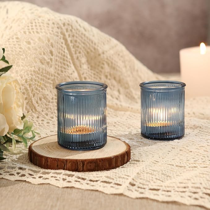 36pcs Votive Candle Holders, Blue Glass Votives Ribbed Tea Light Candle Holders Bulk for Baby Shower, Tea Lights Candles Holder for Home Party Wedding Decoration & Gift