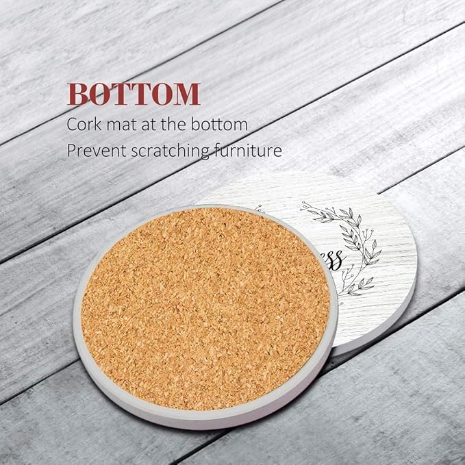 Britimes Coaster for Drinks Set of 6, White Wood Inspirational Love Wreath Absorbent Round Ceramic Stone Mat, with Cork Base and Metal Holder, Gift for Housewarming Room Bar Decor