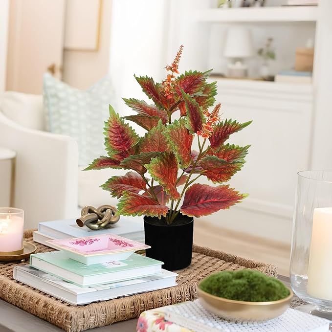 Artificial Plants Indoor with Pot 16.9" Faux Potted Perilla Plants Indoor Decorative Silk Greenery in Black Pot for Farmhouse Home Bathroom Living Room Office Table Shelf Decor