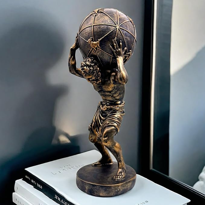 Bronze Greek Atlas Holding World Statue Large Sculpture Figurine Home Office Living Room Desktop Display Decor Decorative Decoration 16.5 Inch