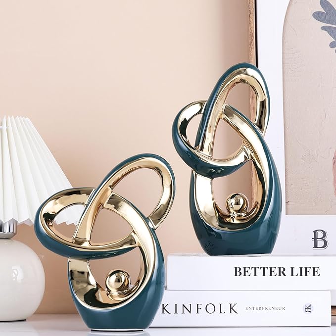 Teal Gold Modern Abstract Art Home Decor Accent,Statues Coffee Table Decor for Living Room,Table Centerpieces for Dining Room,Ceramic Sculptures and Gold Knick Knacks for TV Stand Decor (Green Gold)