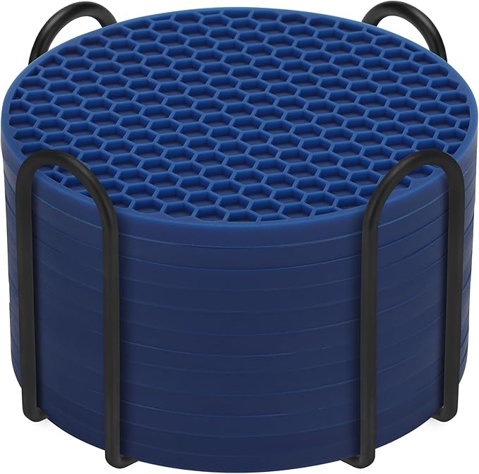 Silicone Coasters Set of 8 Holder,Coasters for Drinks,Beer,Coffee Coasters,Suitable for Kinds Cups,Hot or Cold,Anti-SLI,Non-Stick,Anti-Overflow Tabletop Protection and Decor (12 Pcs, Navy Blue)