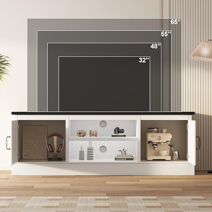 Farmhouse TV Stand for 65 Inch TVs Entertainment Center with Storage Cabinets Modern Media Console Table Rustic Wood Design for Living Room Office 61 * 17.7 * 21.7 Inch White&Black