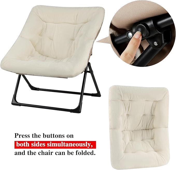 Comfy Saucer Chair for Adults, Soft Faux Fur Bedroom Chair with Ottoman, Accent Dorm Chairs, Living Room Reading Chairs and Footstool, Folding Lounge Seat for Teens, X-Large, Beige