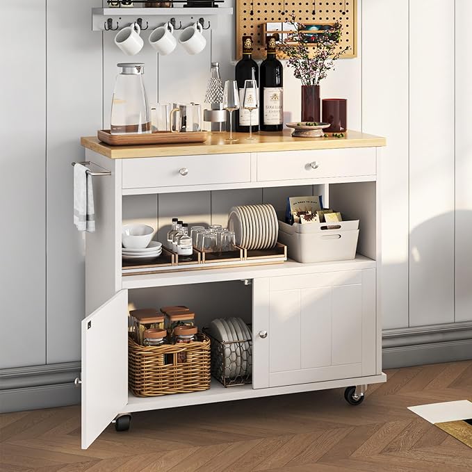 Rolling Kitchen Island with Storage Cabinet, 35.4'' Width Kitchen Cart, 2 Drawers Island Table, Portable Mobile Kitchen Island with Towel Rack, Wood Top and Lockable Wheels, White