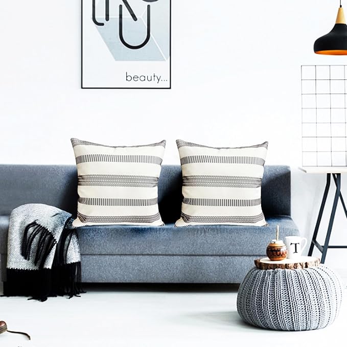 Decorative Throw Pillow Covers Set of 2 Light Gray Boho Striped Pillow Covers 18x18 Inch Throw Pillow Cover Linen Pillowcase Farmhouse Outdoor Pillow Covers for Couch Sofa Bed Living Room