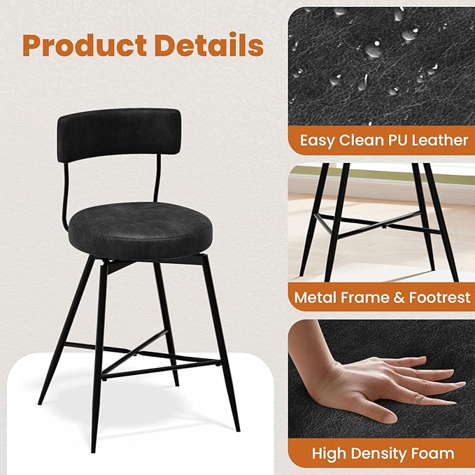 Bar Stools Set of 2, Swivel Counter Height Bar Stools with Back, 29 Inch Black PU Leather Upholstered Kitchen Bar Chairs for Kitchen Counter Island, Dining Chairs with Footrest Metal Legs