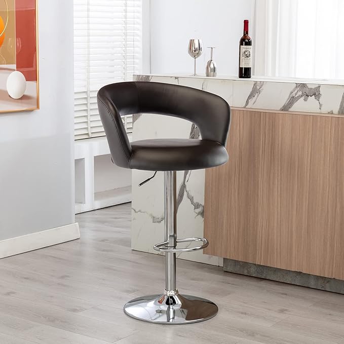 Brage Living Wide Bar Stool, Modern PU Leather Swivel Adjustable Barstool with Hollow Back and Arms, Upholstered Airlift Counter Height Bar Chair for Kitchen Dining (Dark Brown)