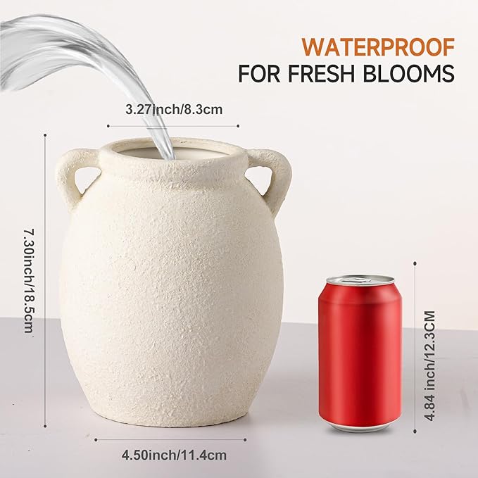Ceramic Flower Vase 7.6 inch Farmhouse Rustic Vase Decorative Pottery Terracotta Vases for Home Decor Table Mantle Fireplace Living Room Bathroom Wedding Centerpiece (White-Upgraded)
