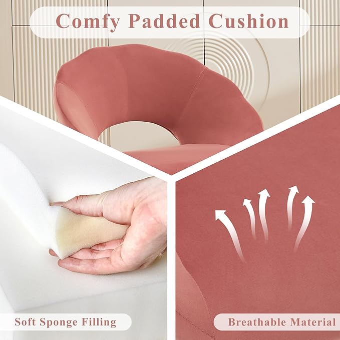 Modern Small Accent Chair Set of 2, Comfy Velvet Vanity Chair with Shell Back & Golden Metal Legs, Decorative Chair no Wheels for Living Room, Makeup Room, Bedroom, Pink