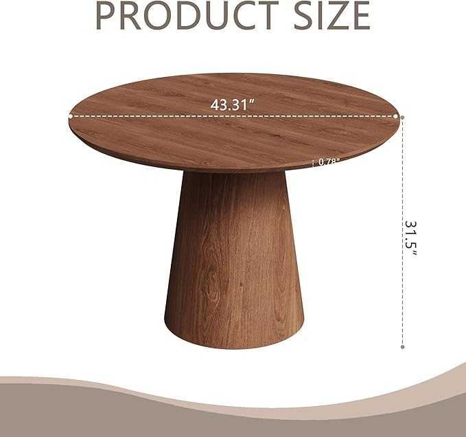 43'' Round Dining Table for 4, Modern Wood Farmhouse Kitchen Table with Sturdy Cylindrical Pedastal, Dinner Tables for Dining Room, Living Room Walnut