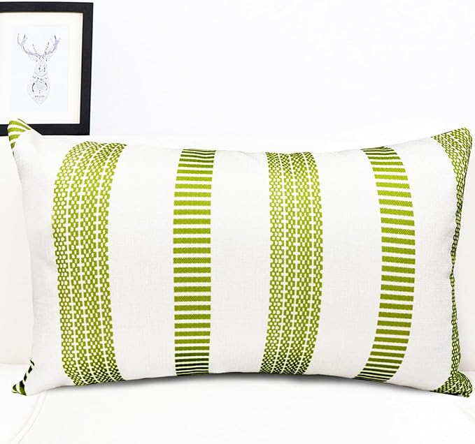 Decorative Throw Pillow Covers Set of 2 Grass Green Boho Striped Pillow Covers 12x20 Inch Throw Pillow Cover Linen Pillowcase Farmhouse Outdoor Pillow Covers for Couch Sofa Living Room