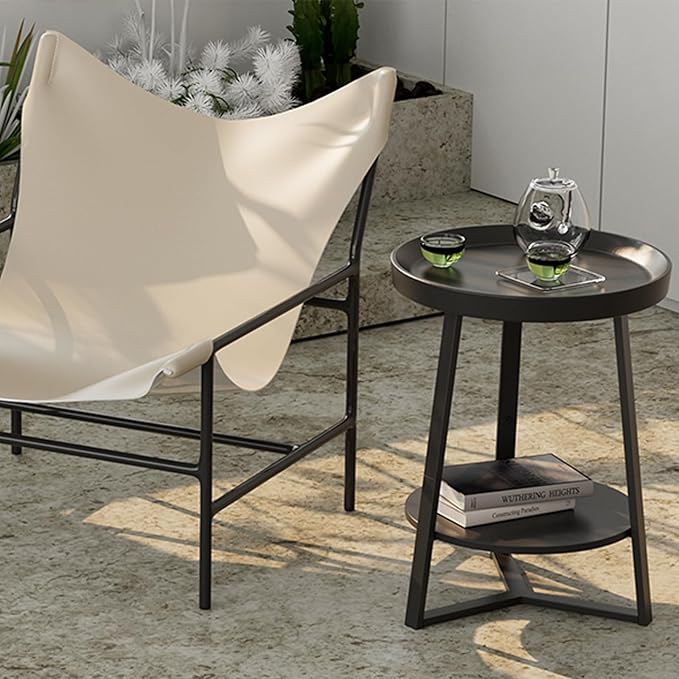 Gadroad Round End Table with Storage Shelf, 2 Tier Farmhouse Side Table Nightstand for Living Room, Bedroom, Wood Tabletop & Black Metal Frame, Black 15.7 * 15.7 * 23.0inches