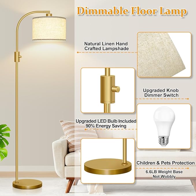 Nintiue Upgraded Modern Arc Dimmable Tall Standing Floor Lamp with Linen Shade, 1200 Lumens LED Bulb Included, for Living & Reading Room, Bedroom, Office & Nursery, Gold