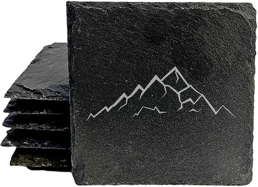 Mountain Majesty Slate Coasters with Stunning Mountain Scene Design - Perfect for Home and Office Decor and Protection of Surfaces, Available in Square or Round Coasters - Square Slate - Set of 4