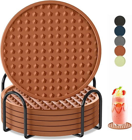 Coasters for Drinks 6 Pack Drink Plastic Coaster with Holder,Heat Resistant Silicone Cup Mat Tabletop Protection,Non-Slip Rubber Coasters for Kinds of Cups (Brown)
