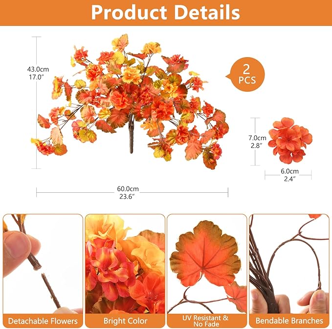 Artificial Fall Flowers for Outdoor Decor 2 Pcs UV Resistant Fake Flowers, Faux Fall Flowers for Outdoor Planters Autumn Silk Flowers for Porch Garden Patio Yard Halloween Decorations