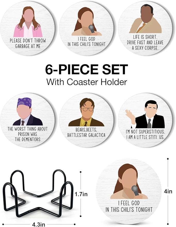 Funny The Office Themed Coasters for Drinks - New Girl Merchandise Coasters Set of 6 with Holder, New Girl Merch TV Show Gifts for Coffee Table, The Office Gifts for Man Women Fans